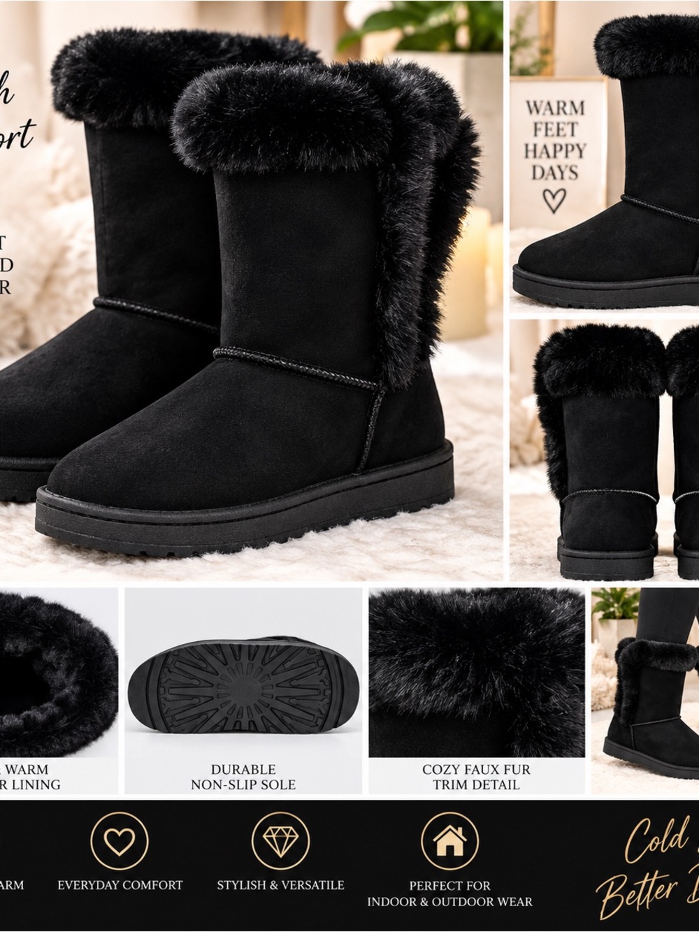 Women's Black Faux Fur Mid-Calf Winter Boots by